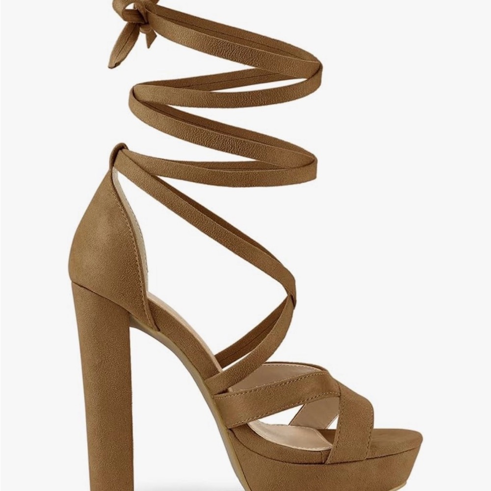 Allegra K Lace Up Platform Chunky High Heels Brown
